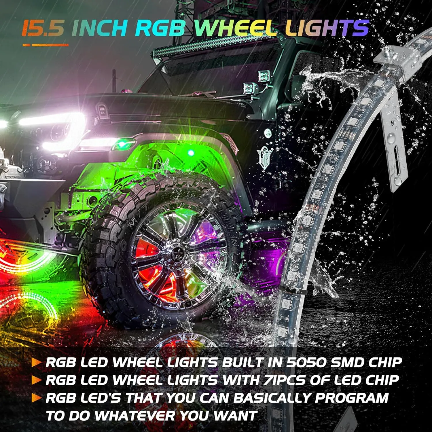 15.5 Inch LED Wheel Ring Lights Single Row RGB APP Remote Control 4Pcs