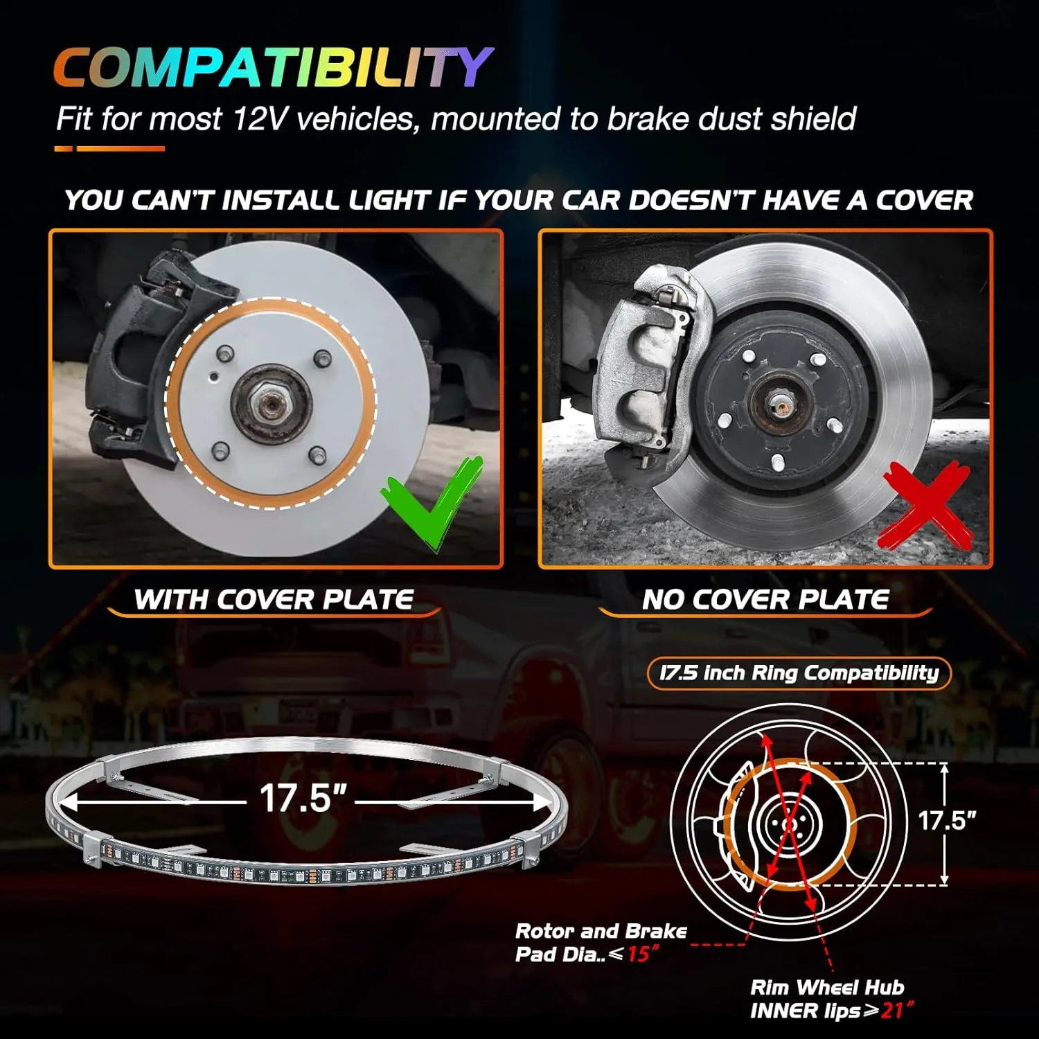 17.5 Inch LED Wheel Ring Lights Single Row RGB APP Remote Control 4Pcs