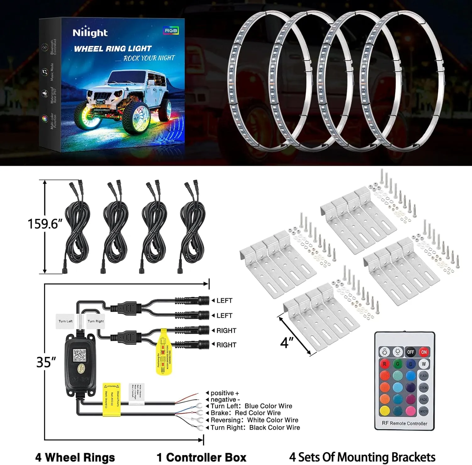 17.5 Inch LED Wheel Ring Lights Single Row RGB APP Remote Control 4Pcs