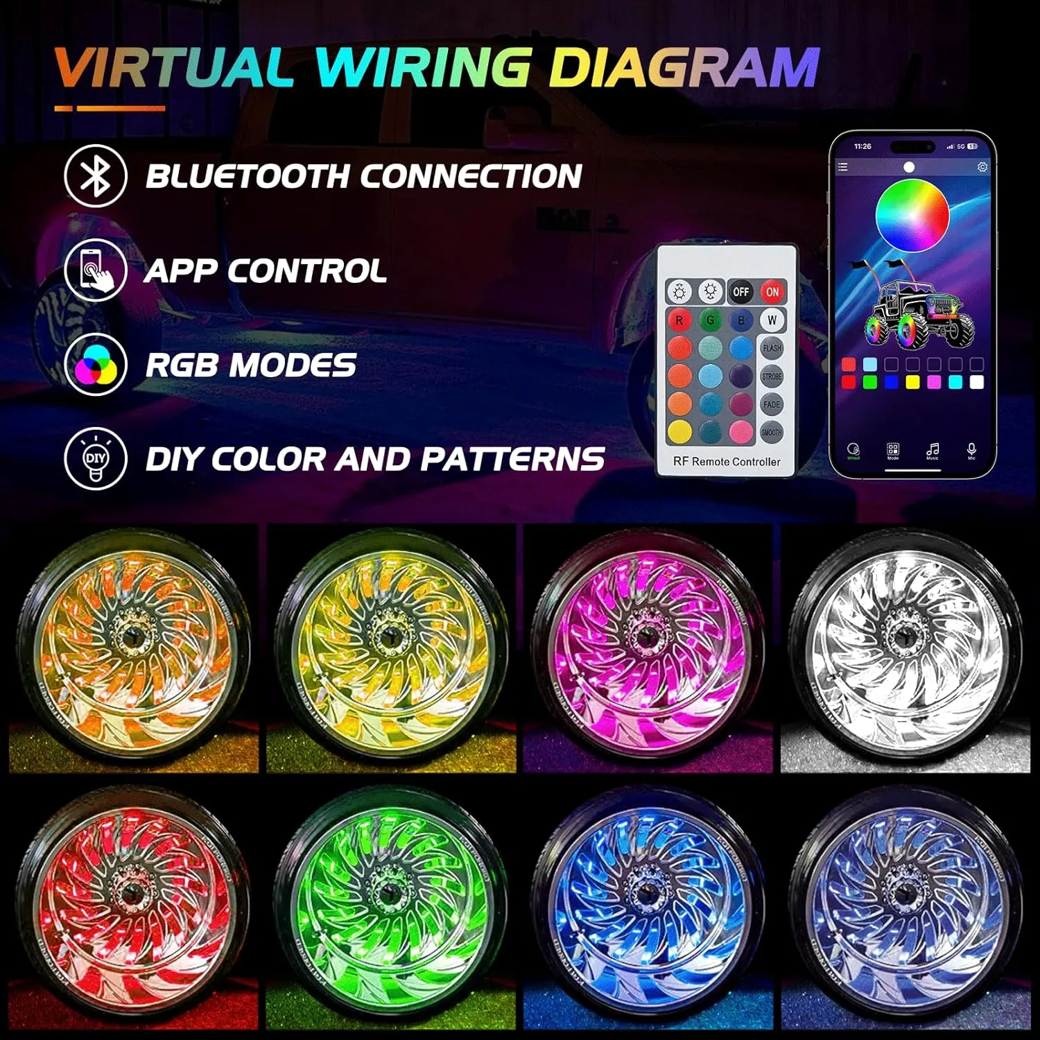 17.5 Inch LED Wheel Ring Lights Single Row RGB APP Remote Control 4Pcs