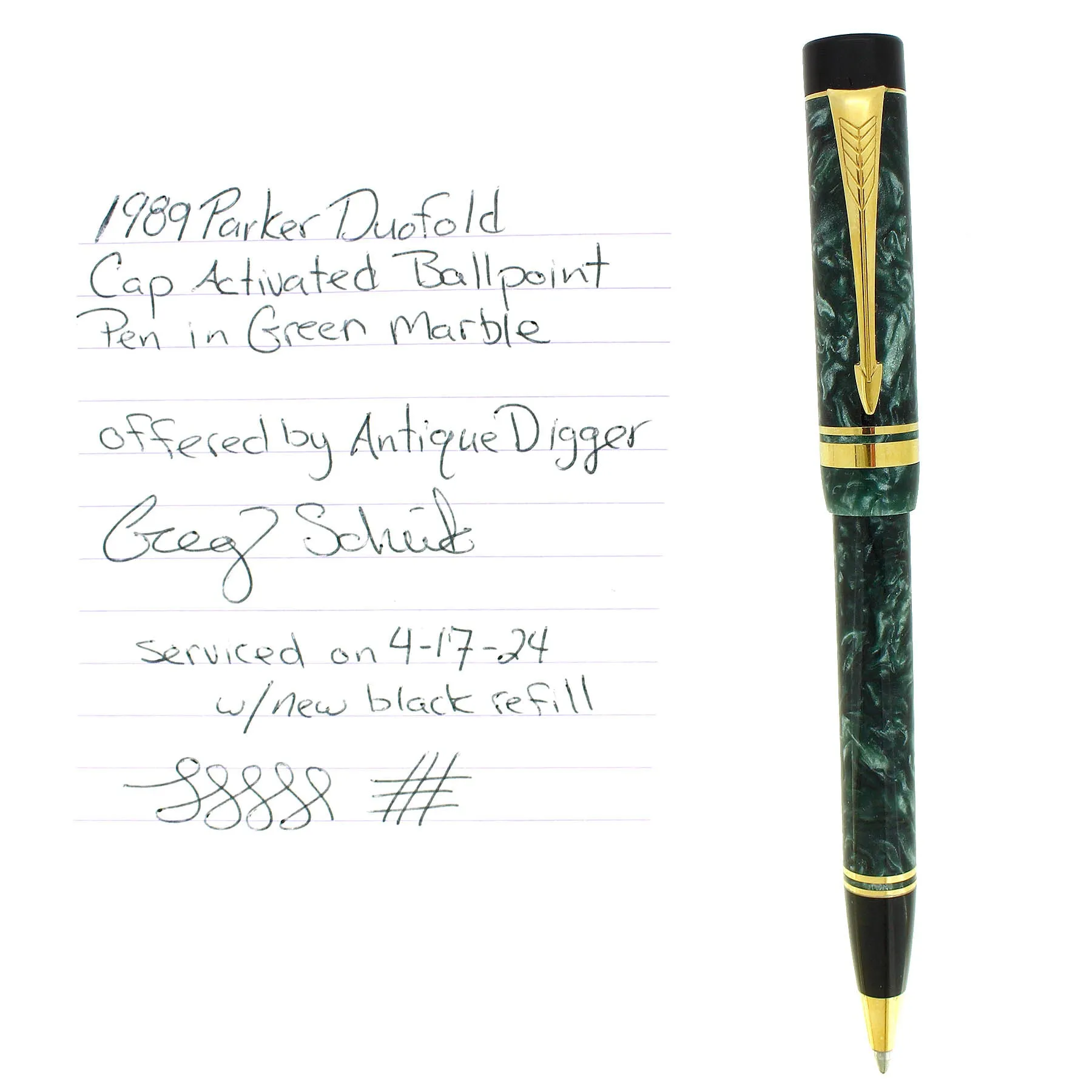 1989 PARKER DUOFOLD GREEN MARBLE CAP ACTIVATED BALLPOINT PEN