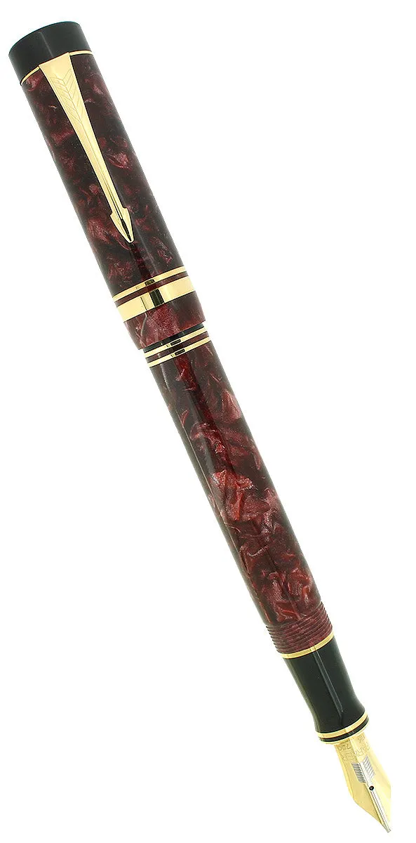 1998 PARKER DUOFOLD CENTENNIAL RED MARBLED 18K BROAD OBLIQUE NIB FOUNTAIN PEN