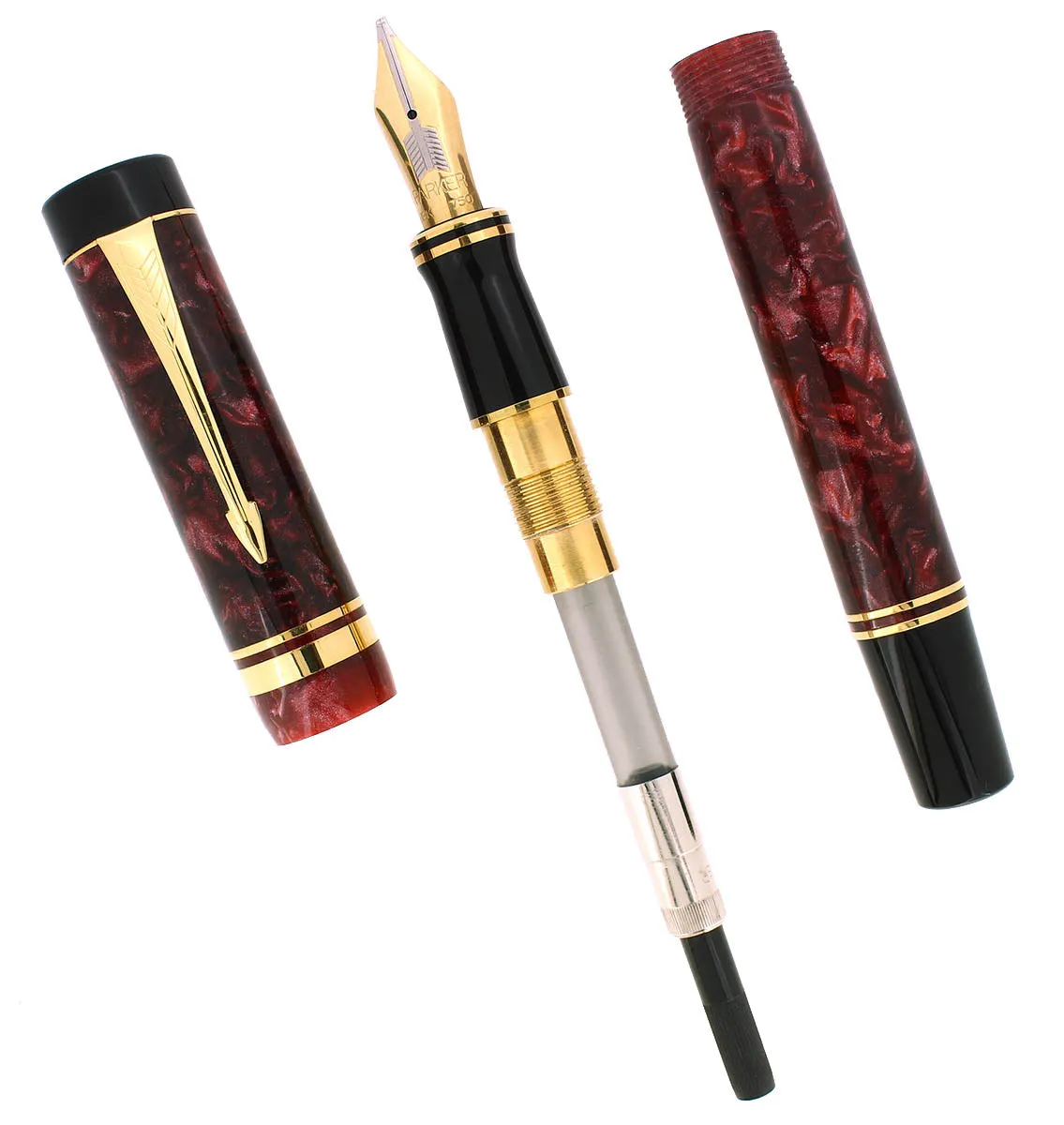 1998 PARKER DUOFOLD CENTENNIAL RED MARBLED 18K BROAD OBLIQUE NIB FOUNTAIN PEN