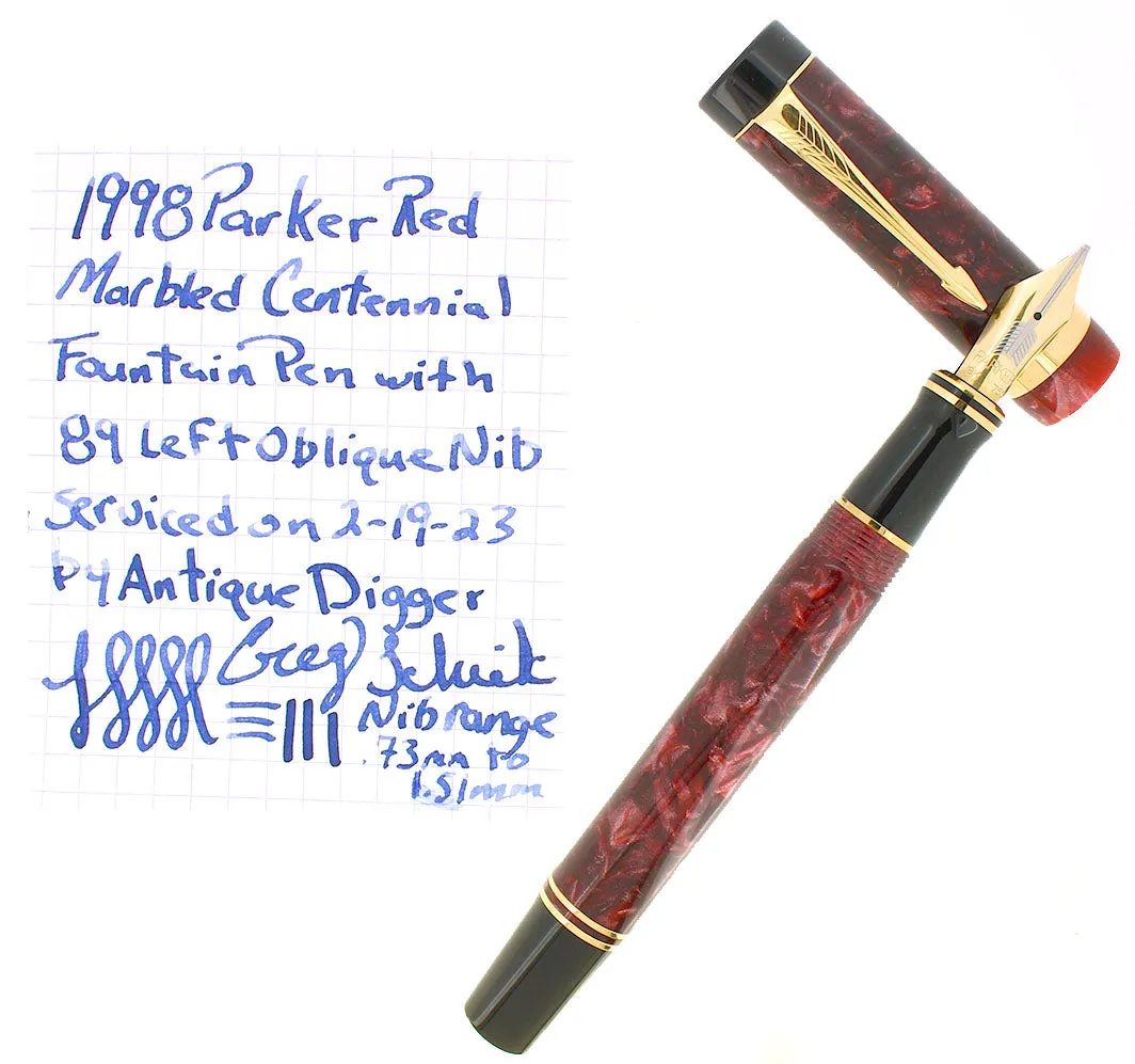 1998 PARKER DUOFOLD CENTENNIAL RED MARBLED 18K BROAD OBLIQUE NIB FOUNTAIN PEN