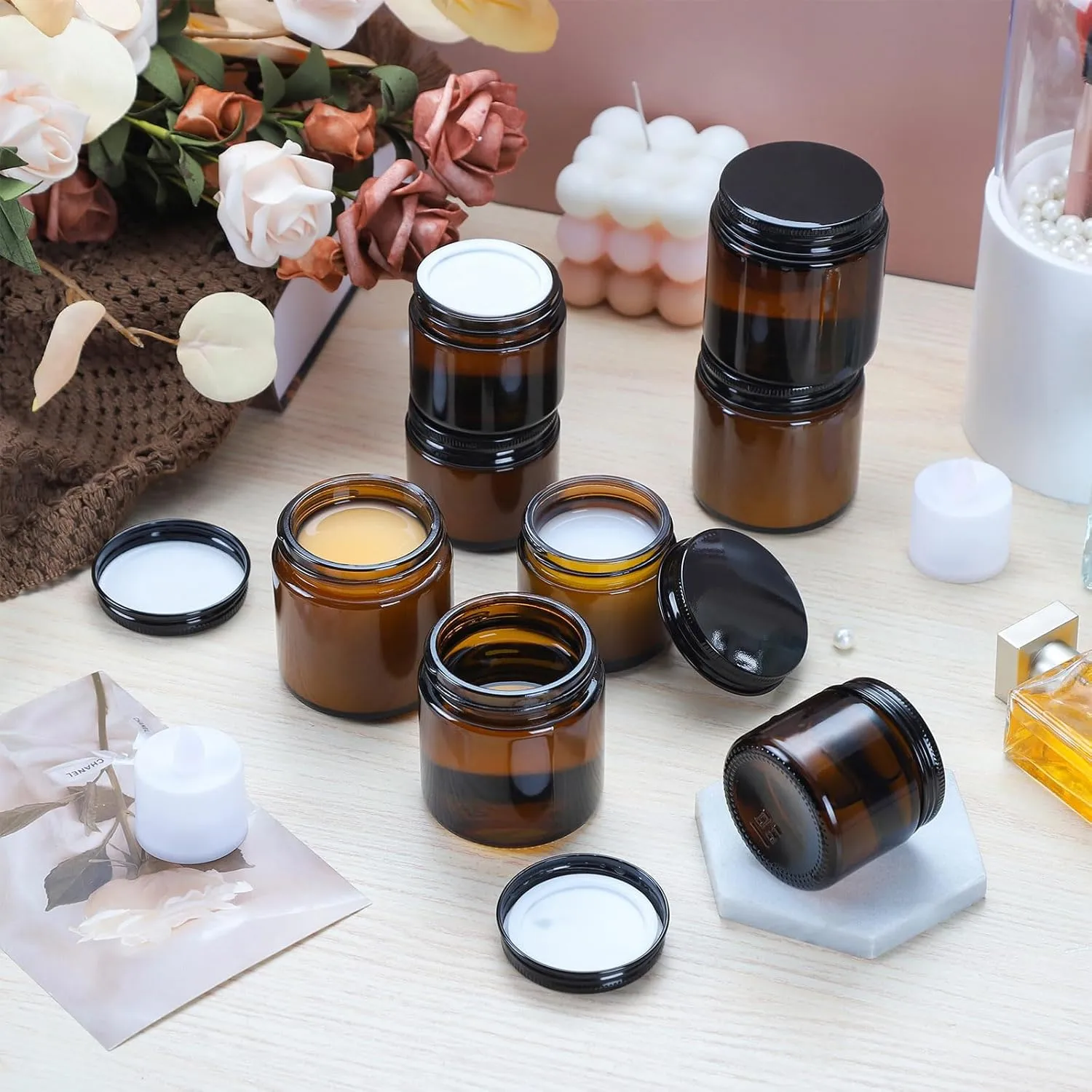 2oz Amber Glass Jars with Lids - 48 Pack Cosmetic Containers for Travel, Cream & Lotion