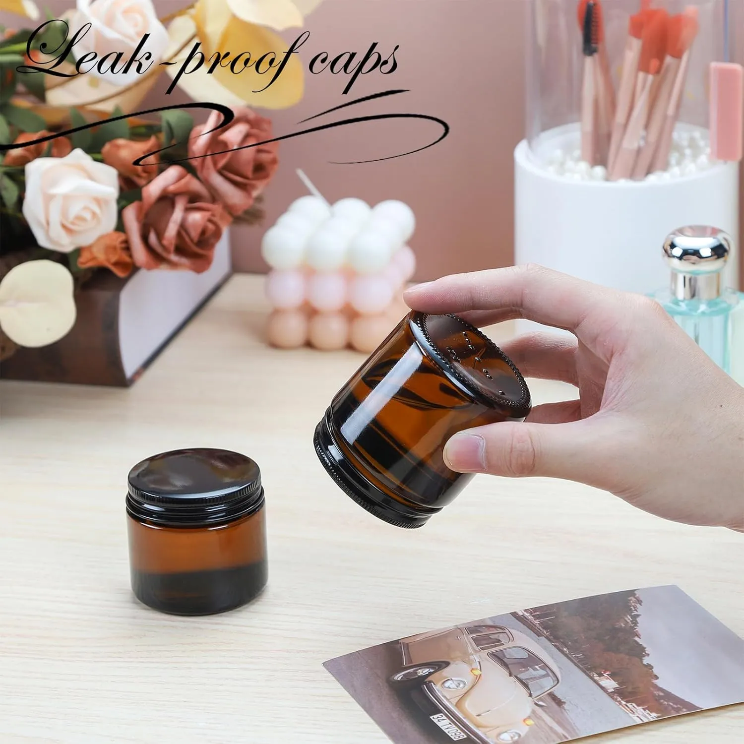 2oz Amber Glass Jars with Lids - 48 Pack Cosmetic Containers for Travel, Cream & Lotion