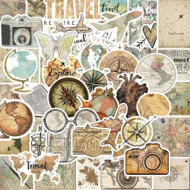 50Pcs Vintage Travel Maps Stickers, Aesthetic Retro Clocks Watches Map Vinyl Decals for Kids Teens Adults, Travel World Sticker for DIY Laptops Computer Guitar Journal (map)