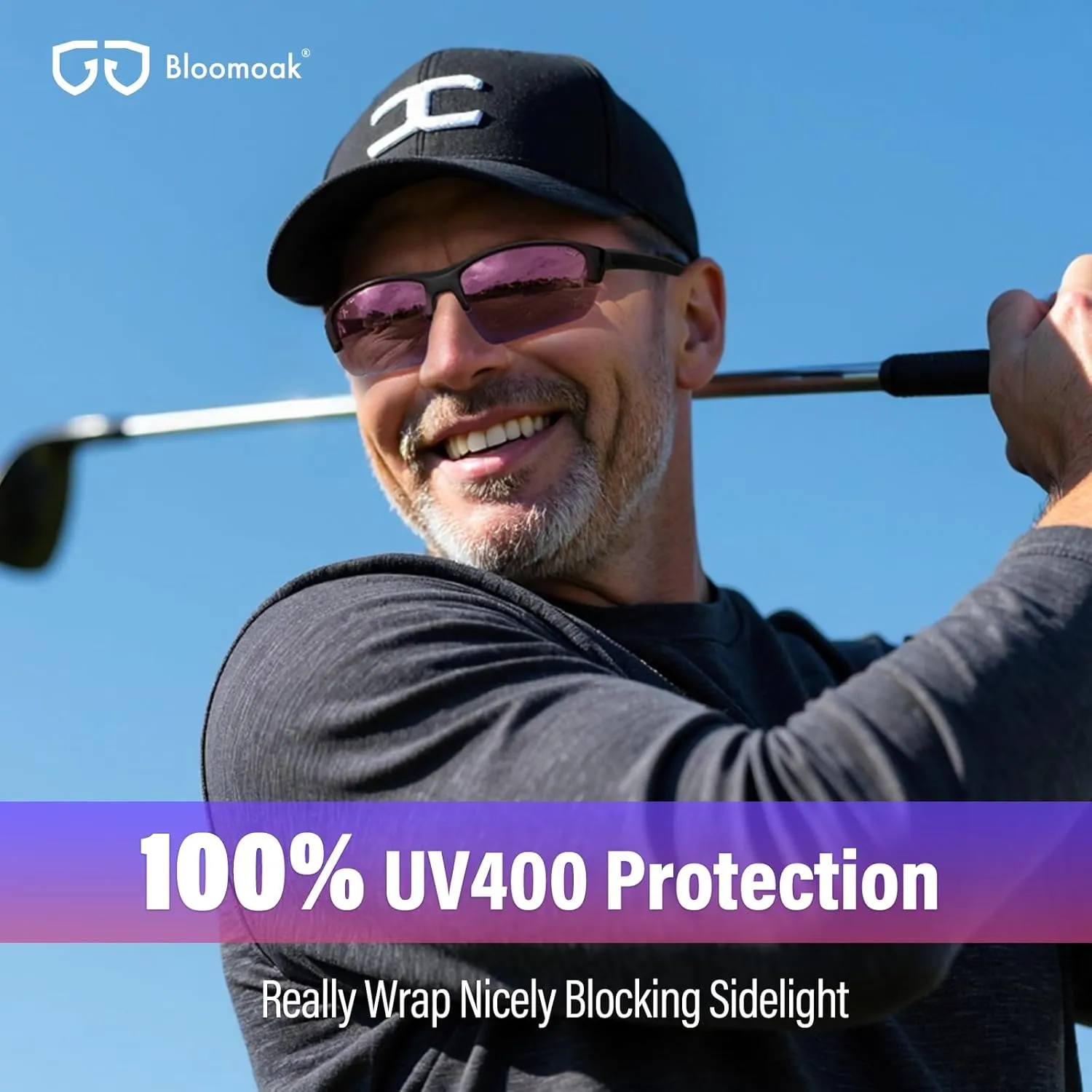 Bloomoak Sport Golf Sunglasses,Wrap UV400 Protection/Vented Frame Prevent Fogging/Superior Visual Clarity to Find Ball