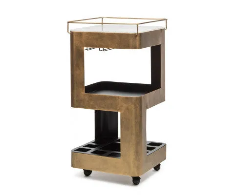 Contemporary French Brass Drinks Trolley Bar Cart with White Marble Top