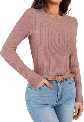 Ekouaer Womens Long Sleeve Ribbed Shirts Trendy Fitted Tops Thermal Under Scrub Crew Neck Soft Fleece Basic Layering