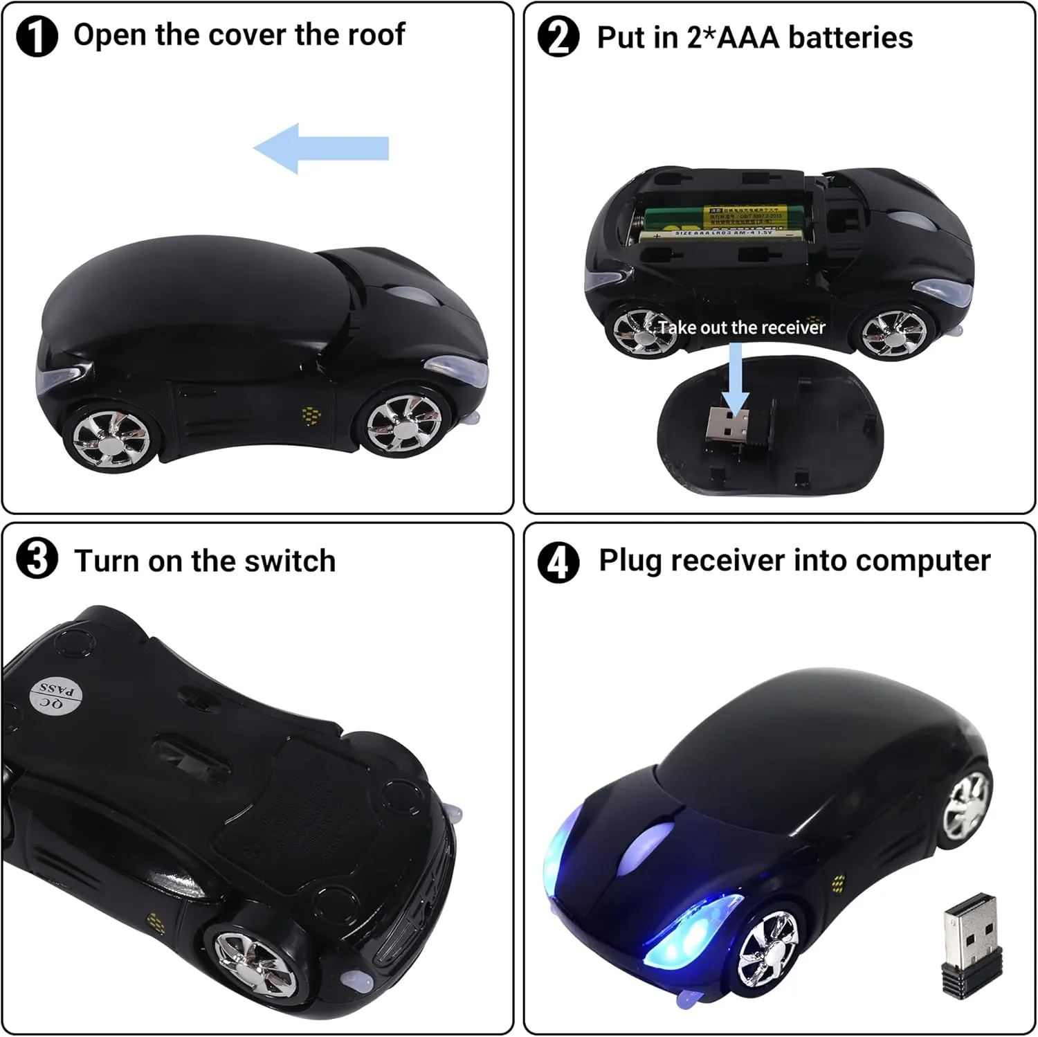 elec Space Wireless Mouse - Cool 3D Sports Car Shape Ergonomic Optical Mini Mouse for Kids, Laptop PC with Case (Black)