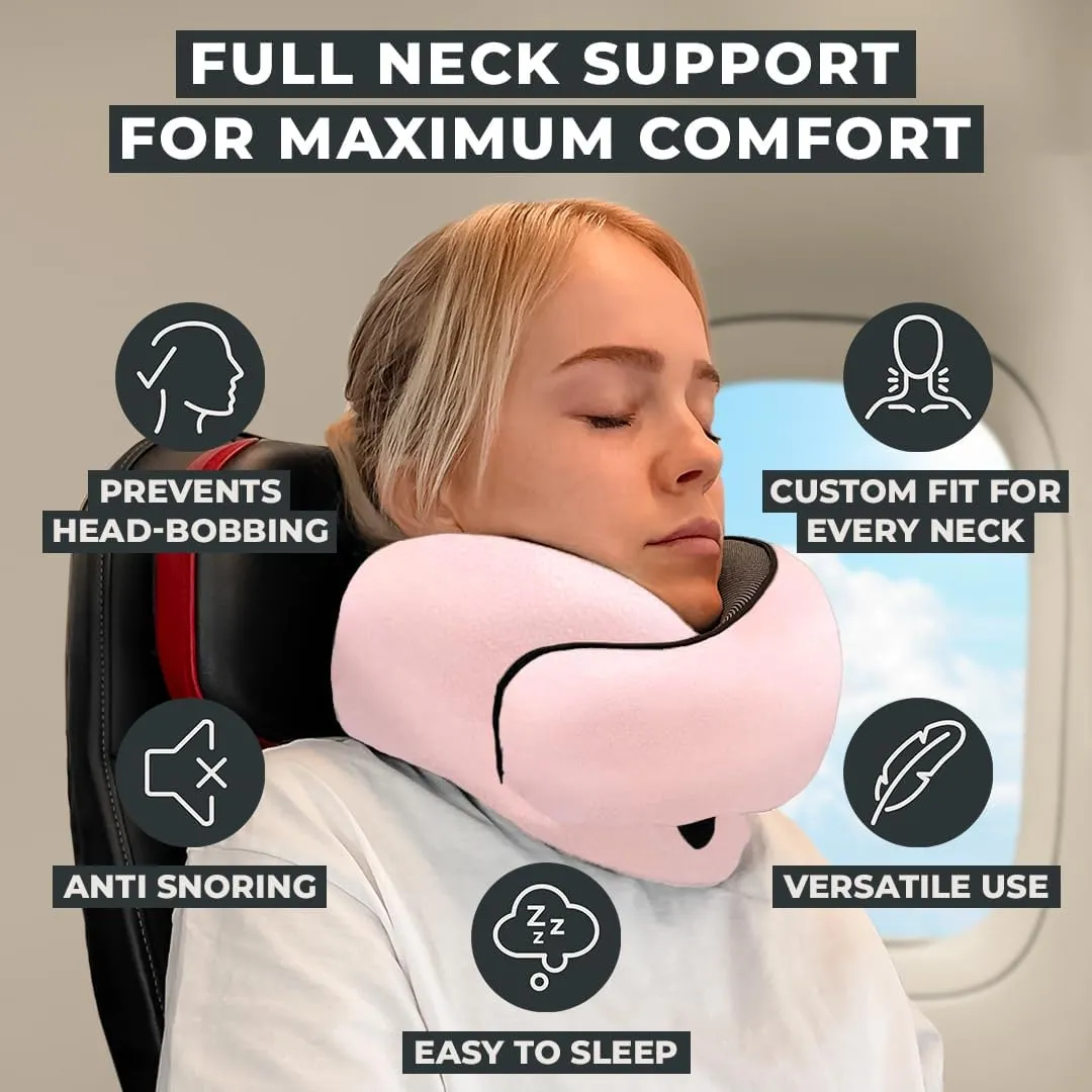 FlyHugz Neck Travel Pillow | Memory Foam Neck Pillow for Comfort on Airplane | Compact and Ergonomic Design for Travel, Car Rides, and Home Use | Ideal for Adults and Kids (Pink)