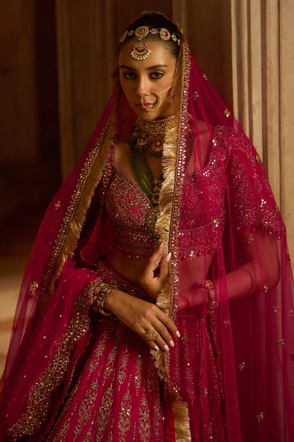 Fuchsia Red  Raw Silk Bridal Lehenga Choli with a Tulle Dupatta and an Optional Second Tulle Dupatta