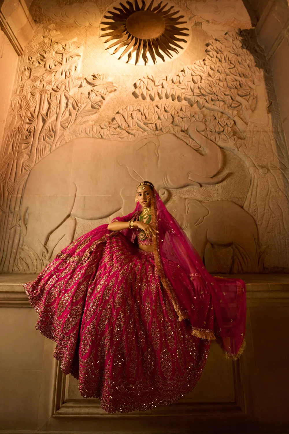 Fuchsia Red  Raw Silk Bridal Lehenga Choli with a Tulle Dupatta and an Optional Second Tulle Dupatta