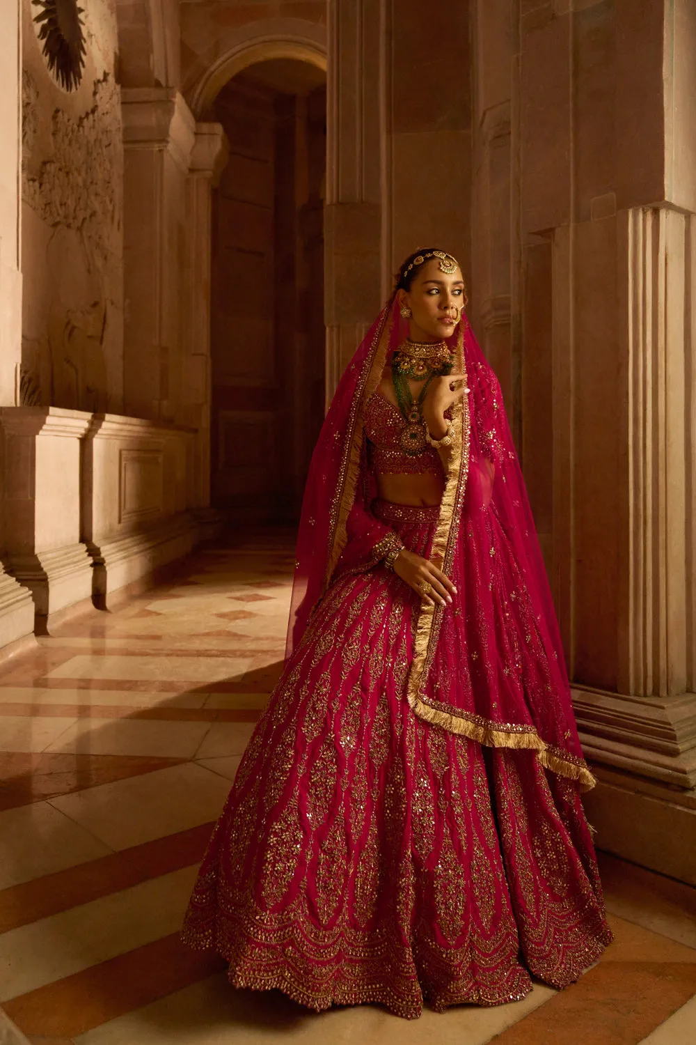 Fuchsia Red  Raw Silk Bridal Lehenga Choli with a Tulle Dupatta and an Optional Second Tulle Dupatta