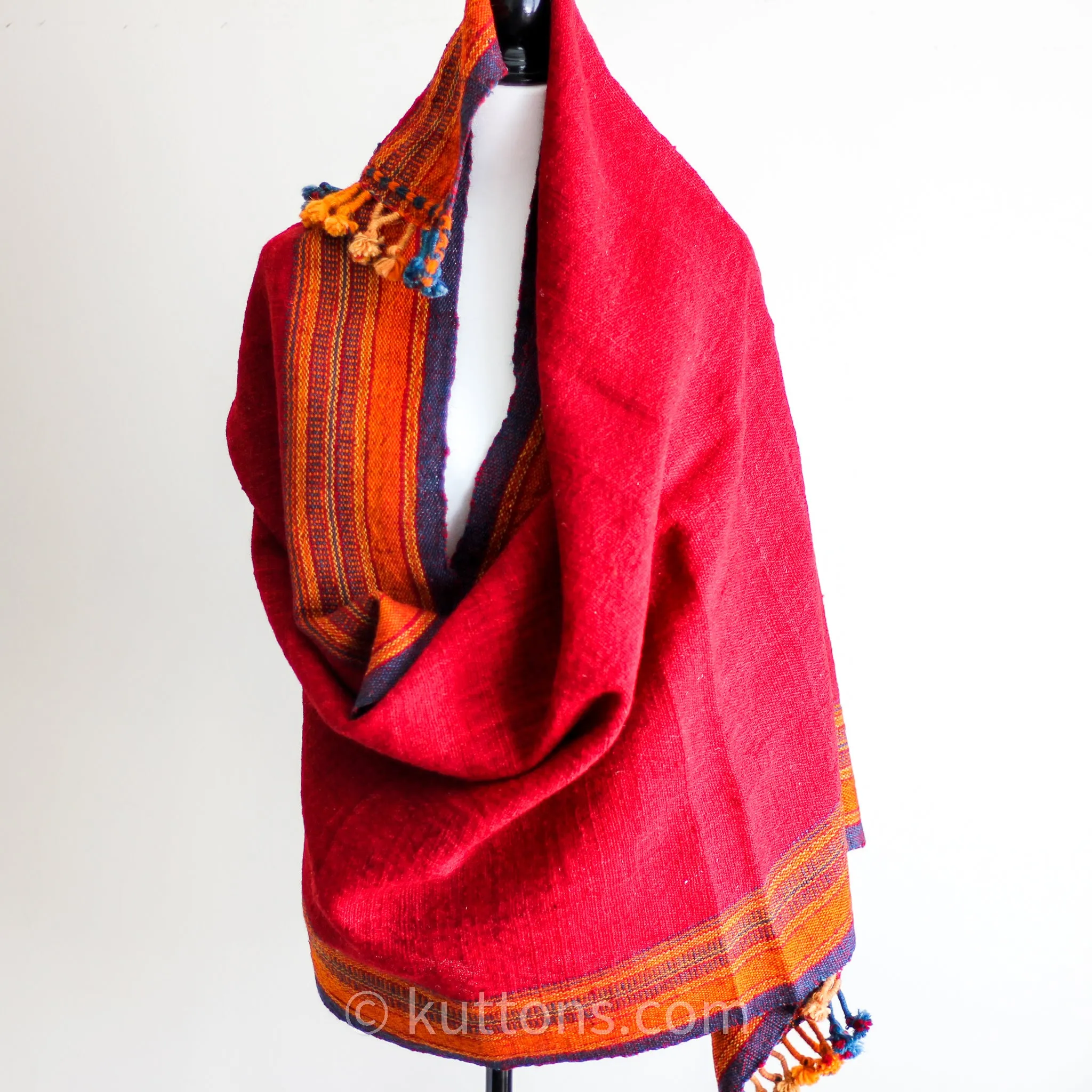 Handspun & Handwoven Ethnic Raw Wool Shawl - Rustic Wrap Throw | Red-Orange, 36x85"