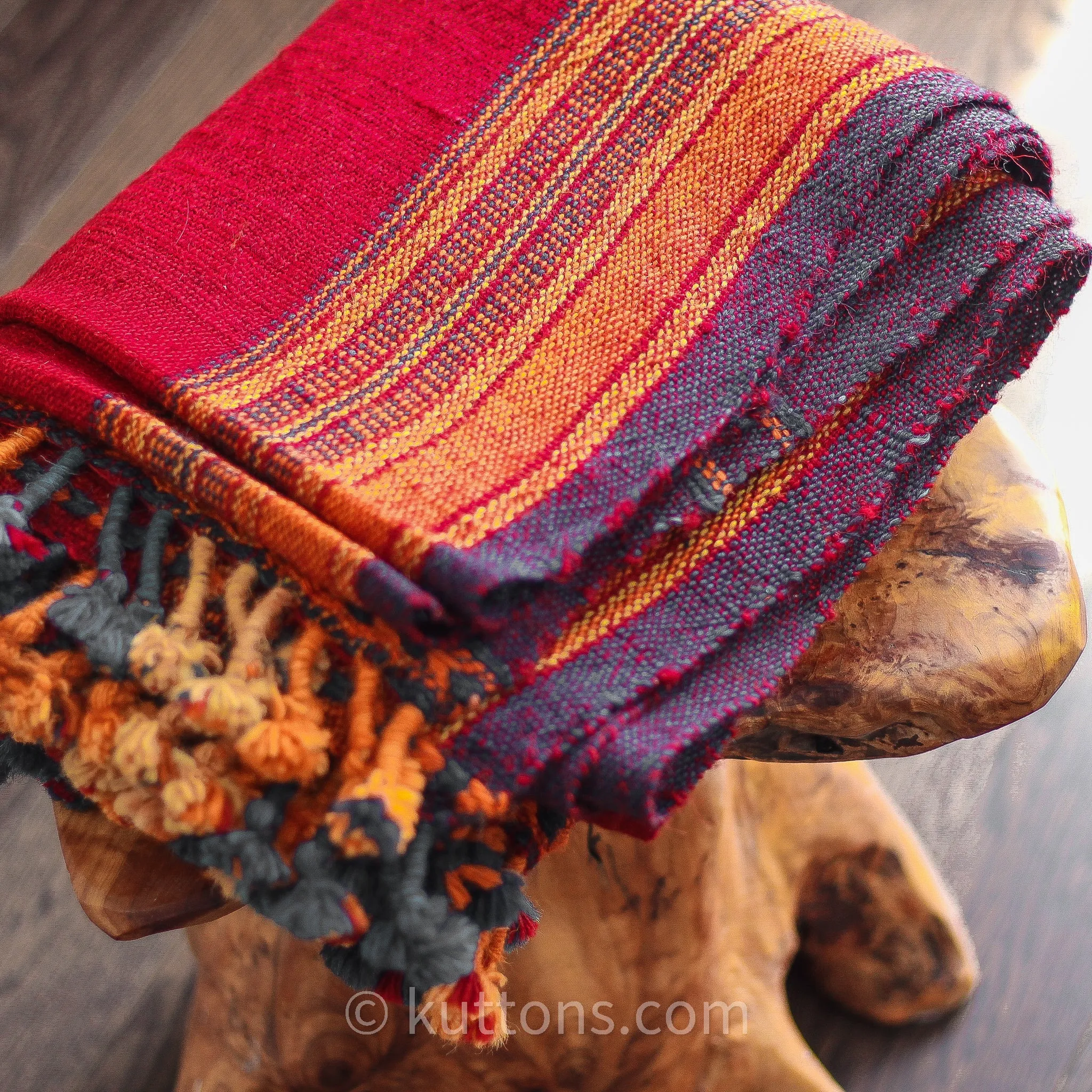 Handspun & Handwoven Ethnic Raw Wool Shawl - Rustic Wrap Throw | Red-Orange, 36x85"