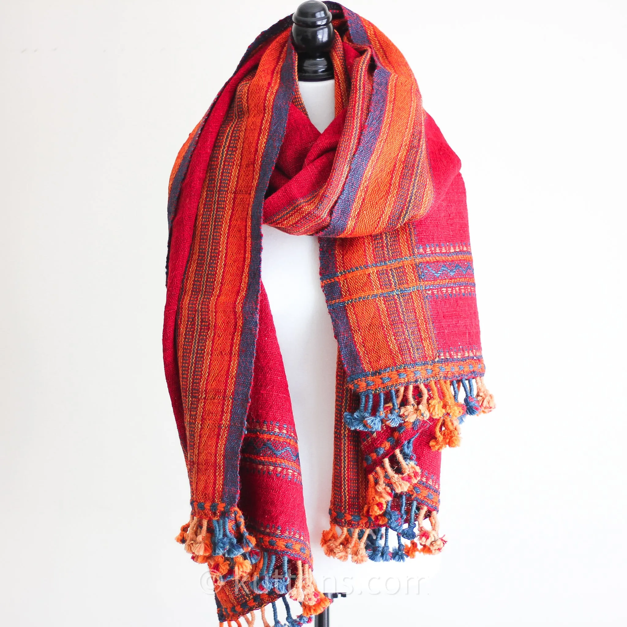 Handspun & Handwoven Ethnic Raw Wool Shawl - Rustic Wrap Throw | Red-Orange, 36x85"