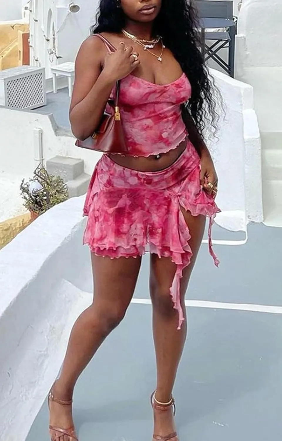 Ophestin Womens Sexy 2 Piece Club Outfits Set Floral Print Camisole Crop Top Mini Skirt with Slit