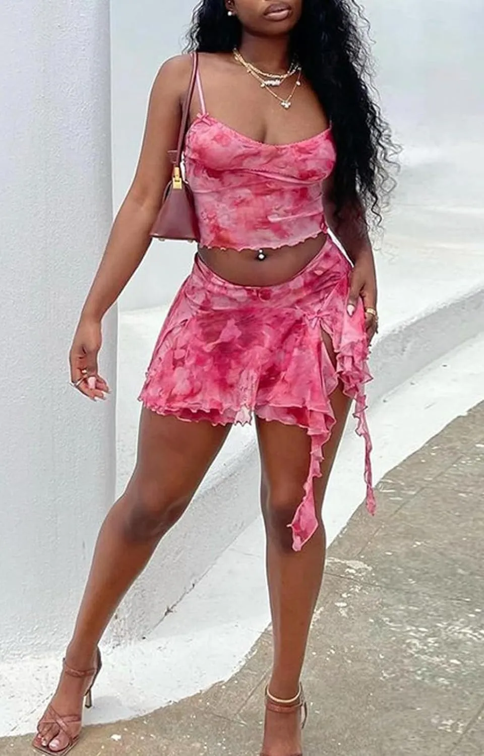 Ophestin Womens Sexy 2 Piece Club Outfits Set Floral Print Camisole Crop Top Mini Skirt with Slit