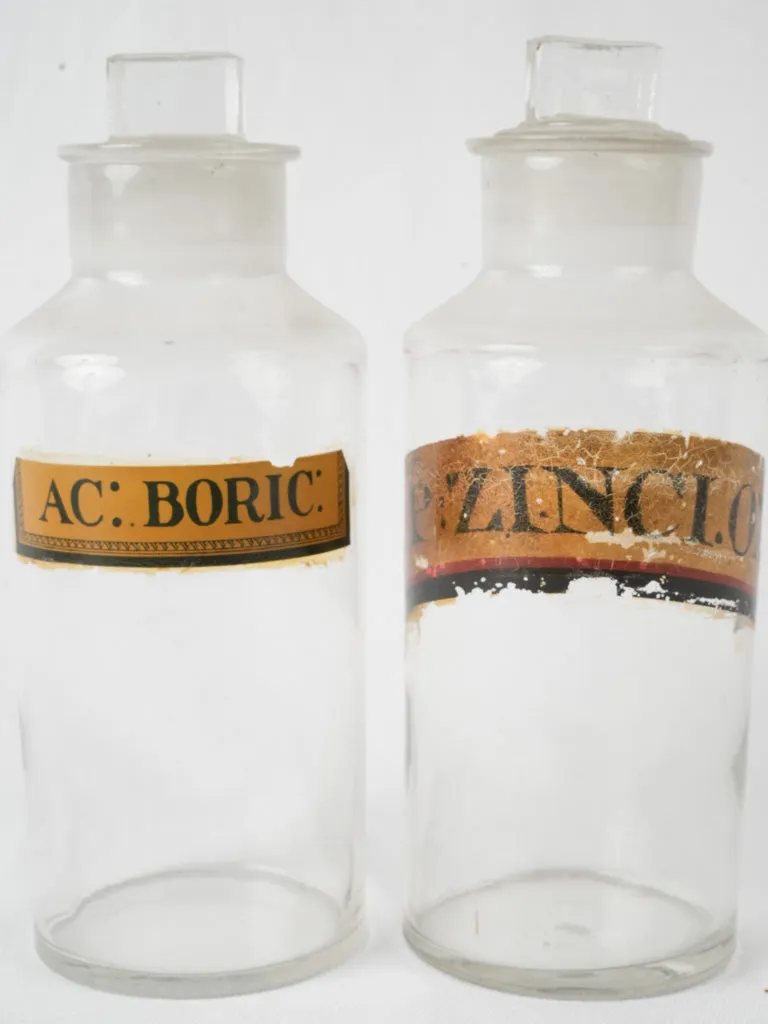 Pair of antique French apothecary glass jars w/ stoppers 9½"