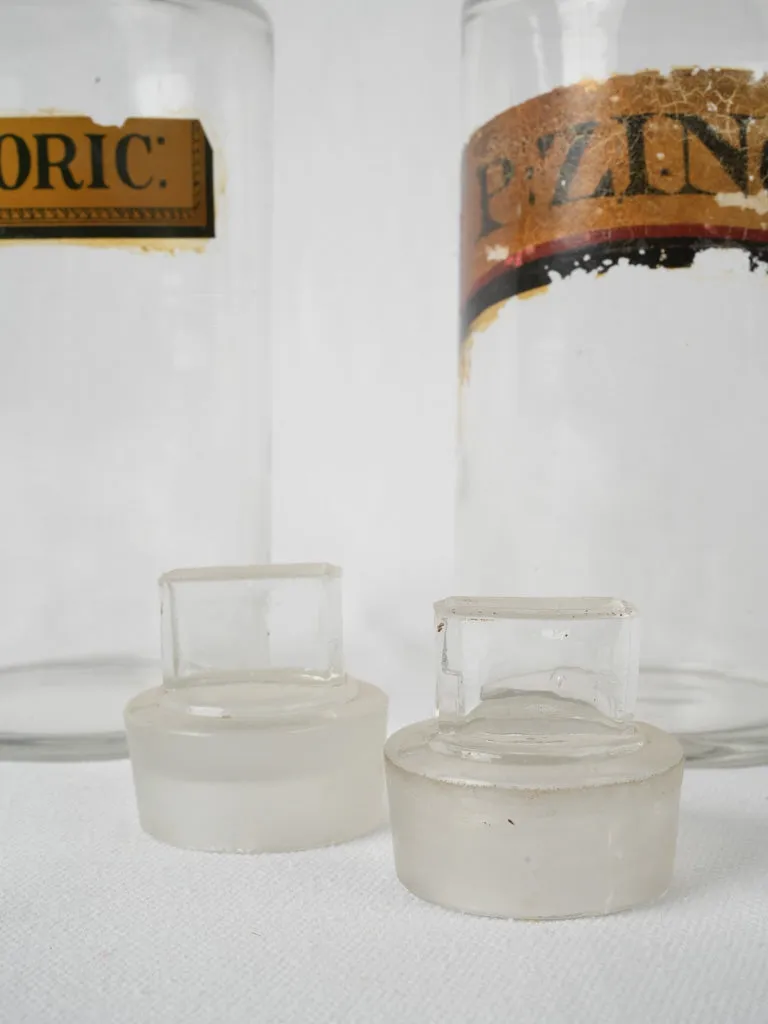 Pair of antique French apothecary glass jars w/ stoppers 9½"