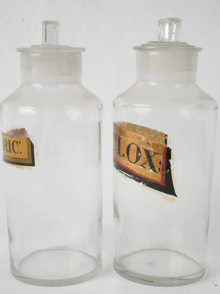 Pair of antique French apothecary glass jars w/ stoppers 9½"