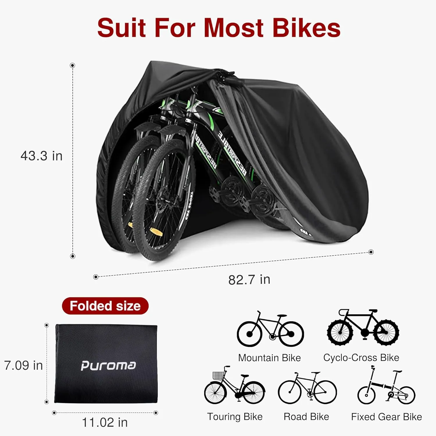 Puroma Bike Cover for 3 Bikes, 190T Outdoor Waterproof Bicycle Covers Rain Sun UV Dust Wind Proof with Lock Hole for Mountain Road Electric Bike (Basic Black)