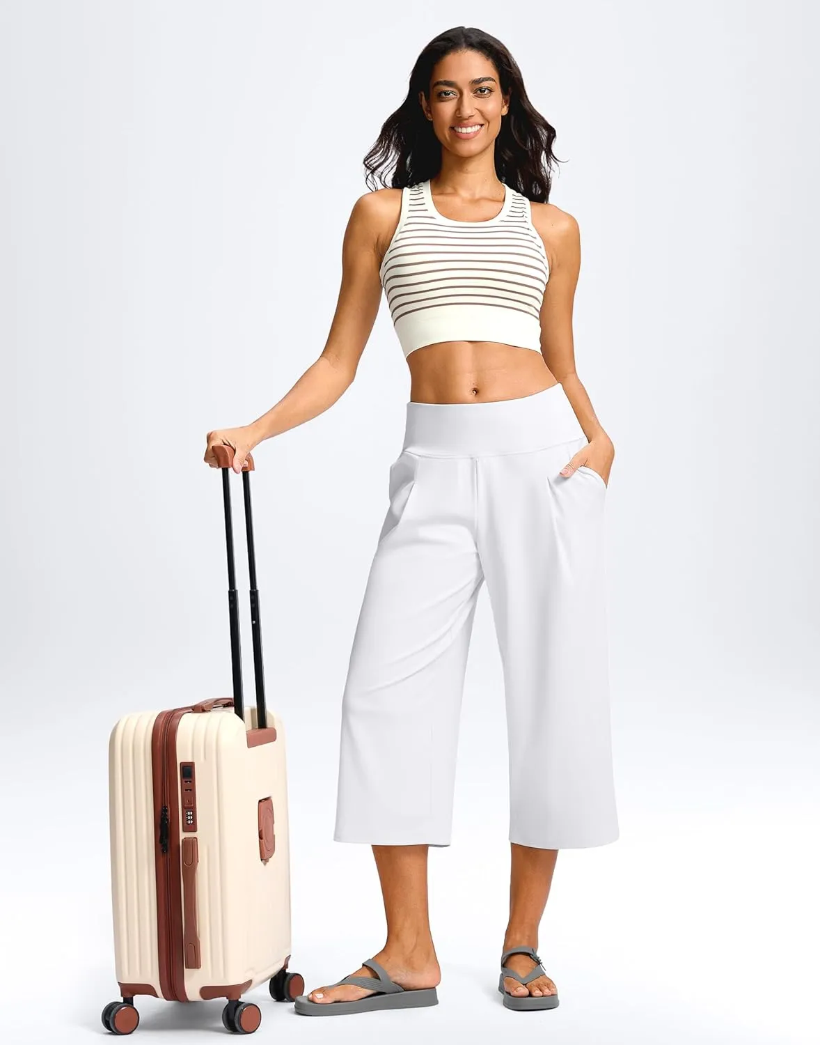 SANTINY Capri Pants for Women Wide Leg Yoga Casual Cropped Pants with Pockets Loose Tummy Control High Waist Capris