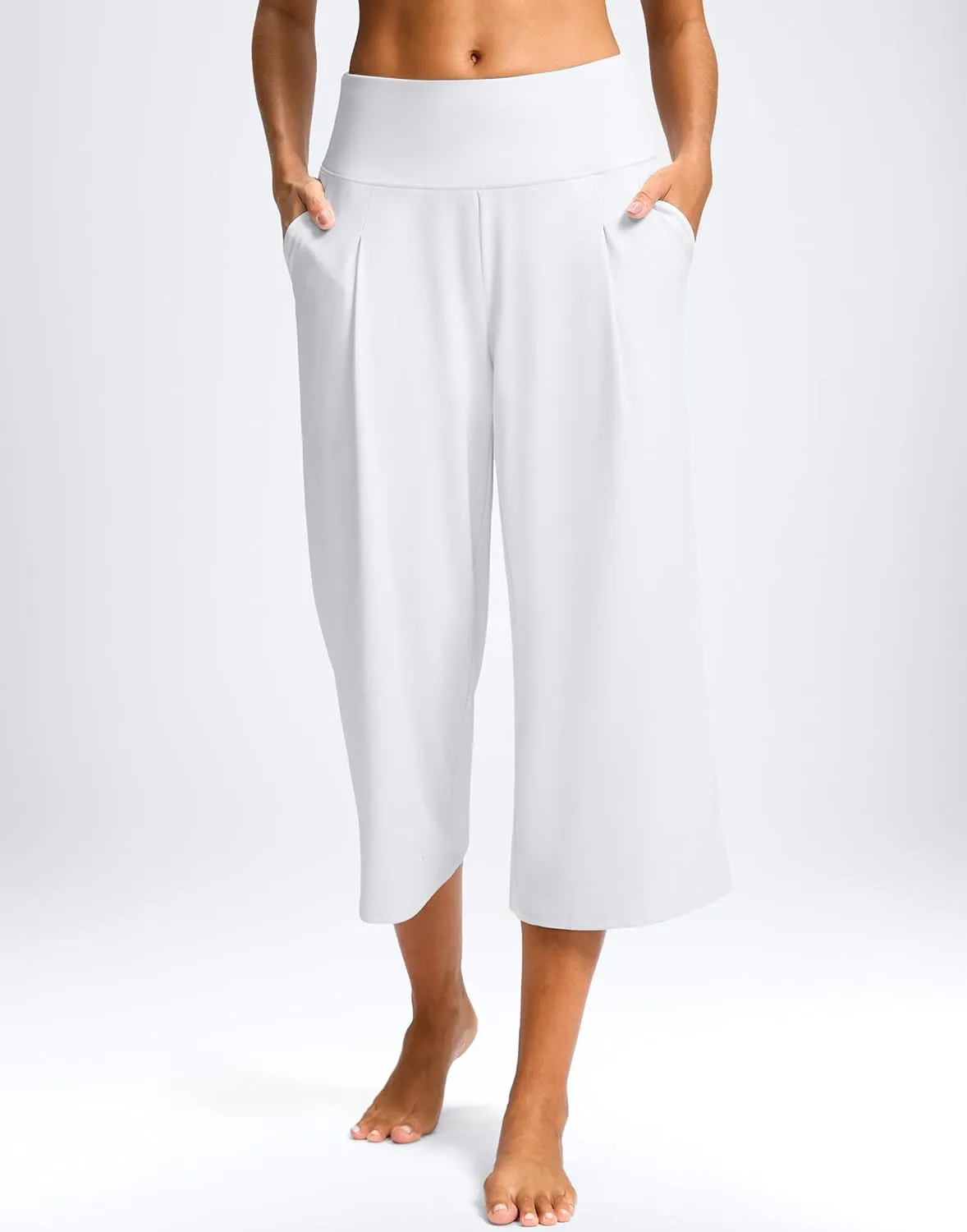 SANTINY Capri Pants for Women Wide Leg Yoga Casual Cropped Pants with Pockets Loose Tummy Control High Waist Capris