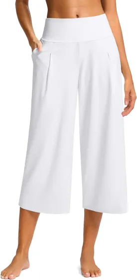 SANTINY Capri Pants for Women Wide Leg Yoga Casual Cropped Pants with Pockets Loose Tummy Control High Waist Capris