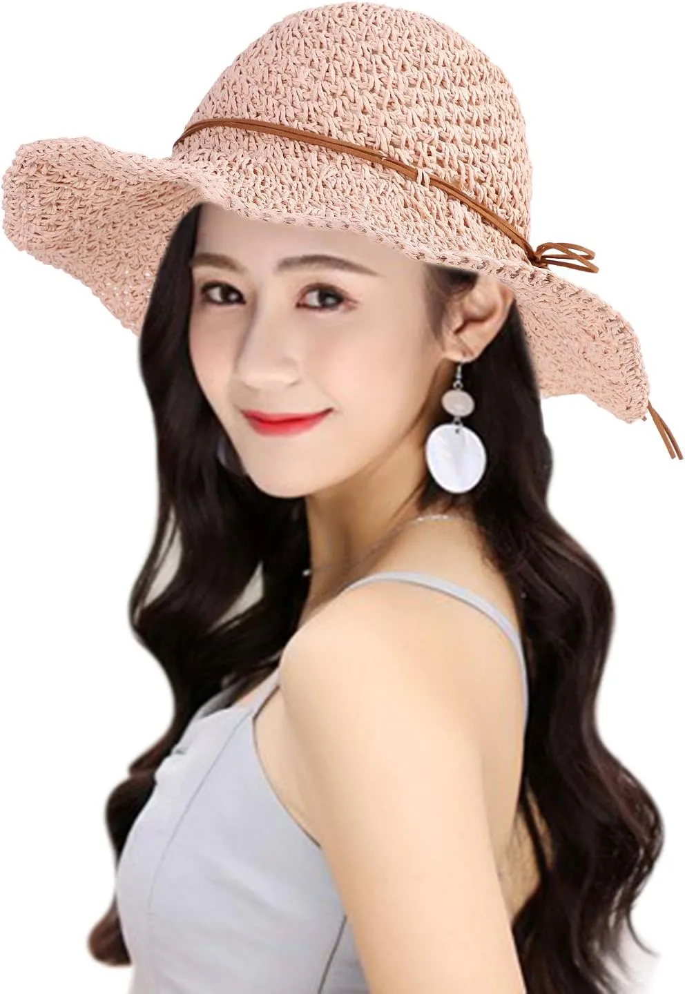 SIQITECHNO Womens Straw Sun Hat Summer Wide Brim Floppy Beach Straw Hat UPF 50  Packable Womens Travel Fedora Cap