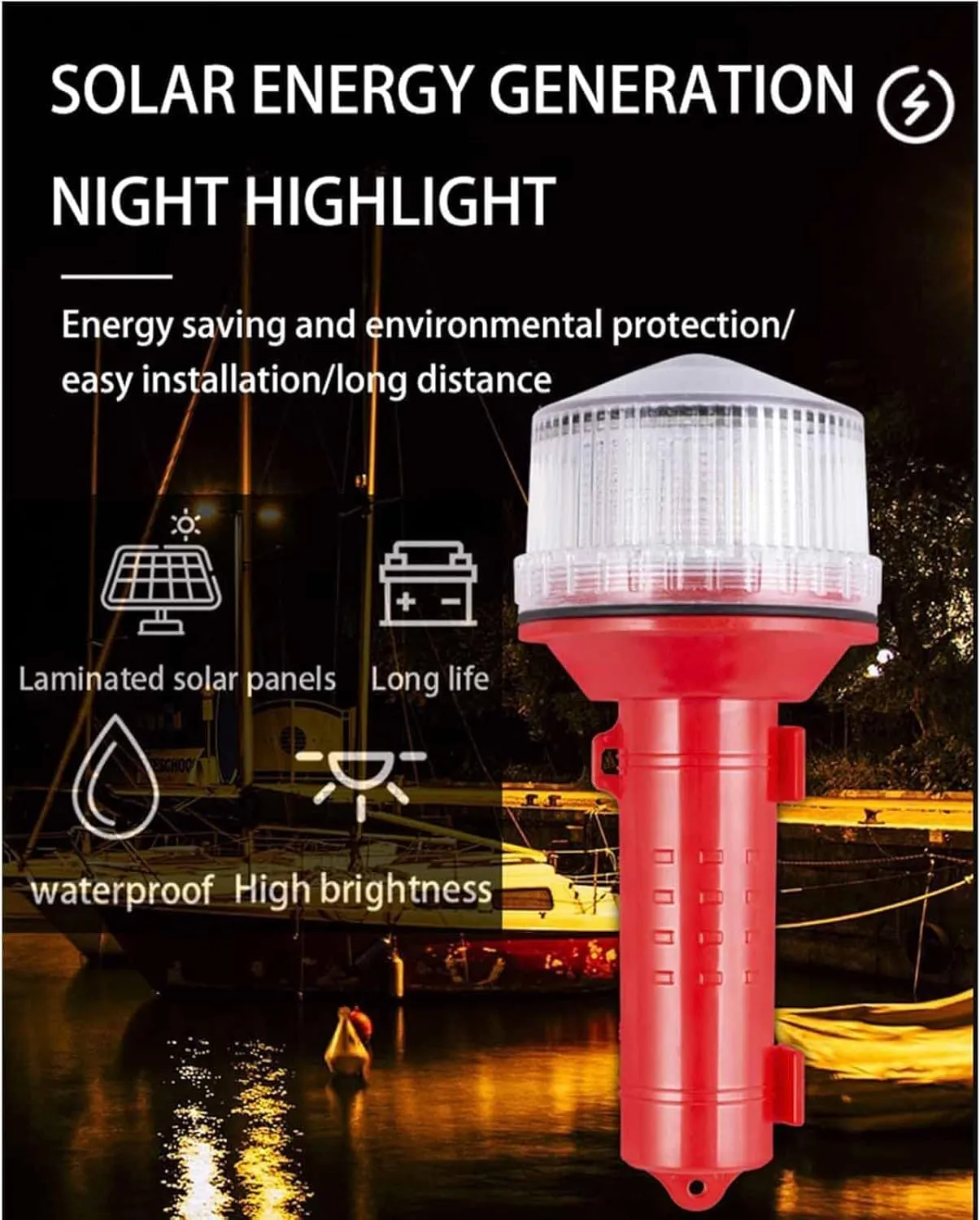 Solar Energy Boat Navigation Lights, Solar Powered Boat Safety Beacon Light, IP65 Waterproof, 2200mah Battery, Boat Anchor Light for Ship, Channel, High Altitude,White Light