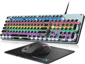 Typewriter Mechanical Gaming Keyboard and Mouse, Metal Panel Retro Keyboard with Round Keycap Blue Switch, RGB Backlit 104 Keys Anti-Ghost Wired Keyboard Mouse and Pad Combo for PC Laptop Mac Gamer