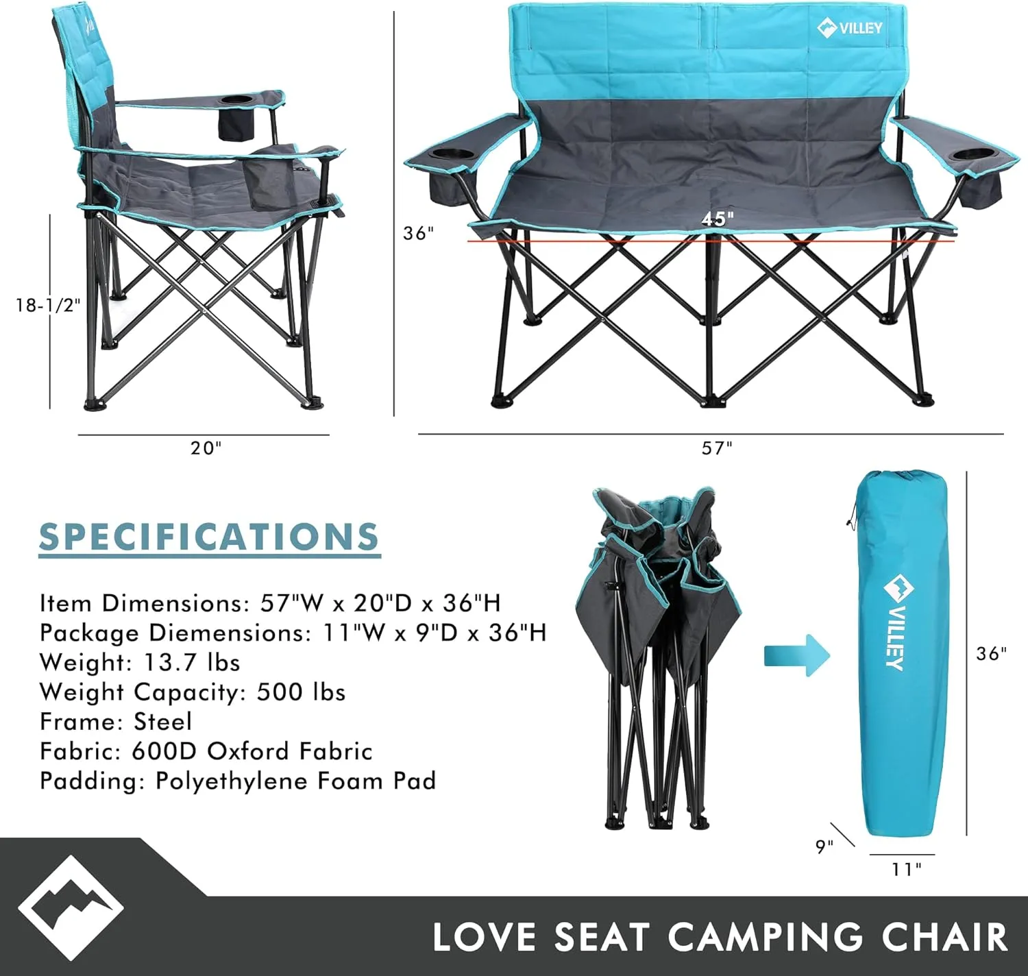VILLEY Double Camping Chair, Extra Wide Loveseat, Heavy Duty Padded Camping Couch, Portable Folding Camp Chair w/Carry Bag, Steel Frame, Cup Holders for Camping Lawn Picnic Sports, Supports 500 LBS