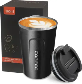 YINBAOGE Insulated Travel Coffee Mug Spill Proof Leak Proof Pobtable To Go Camping Stainless Steel Coffee Tumbler Reusable Coffee Cups with Lids Thermos for Hot and Cold Drink (2nd-Black, 12 OZ)