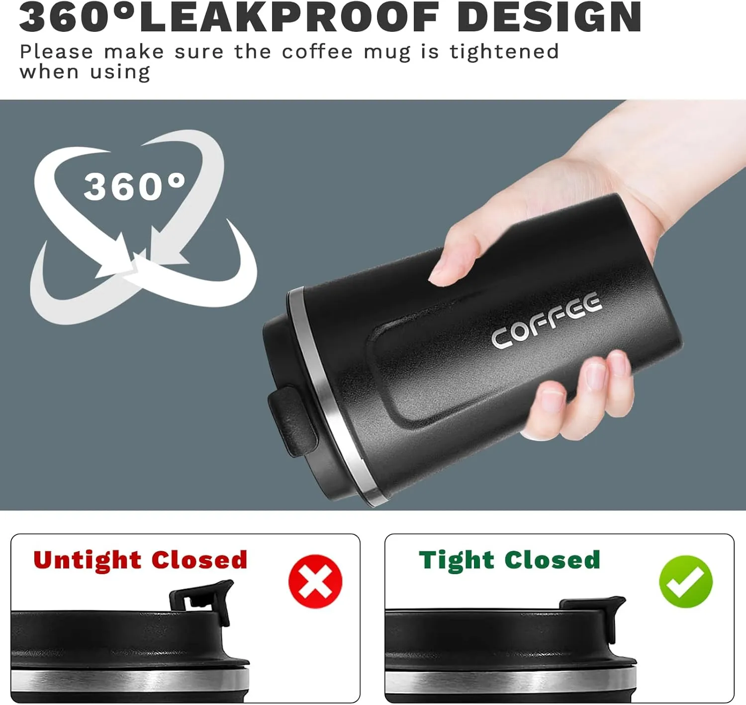 YINBAOGE Insulated Travel Coffee Mug Spill Proof Leak Proof Pobtable To Go Camping Stainless Steel Coffee Tumbler Reusable Coffee Cups with Lids Thermos for Hot and Cold Drink (2nd-Black, 12 OZ)