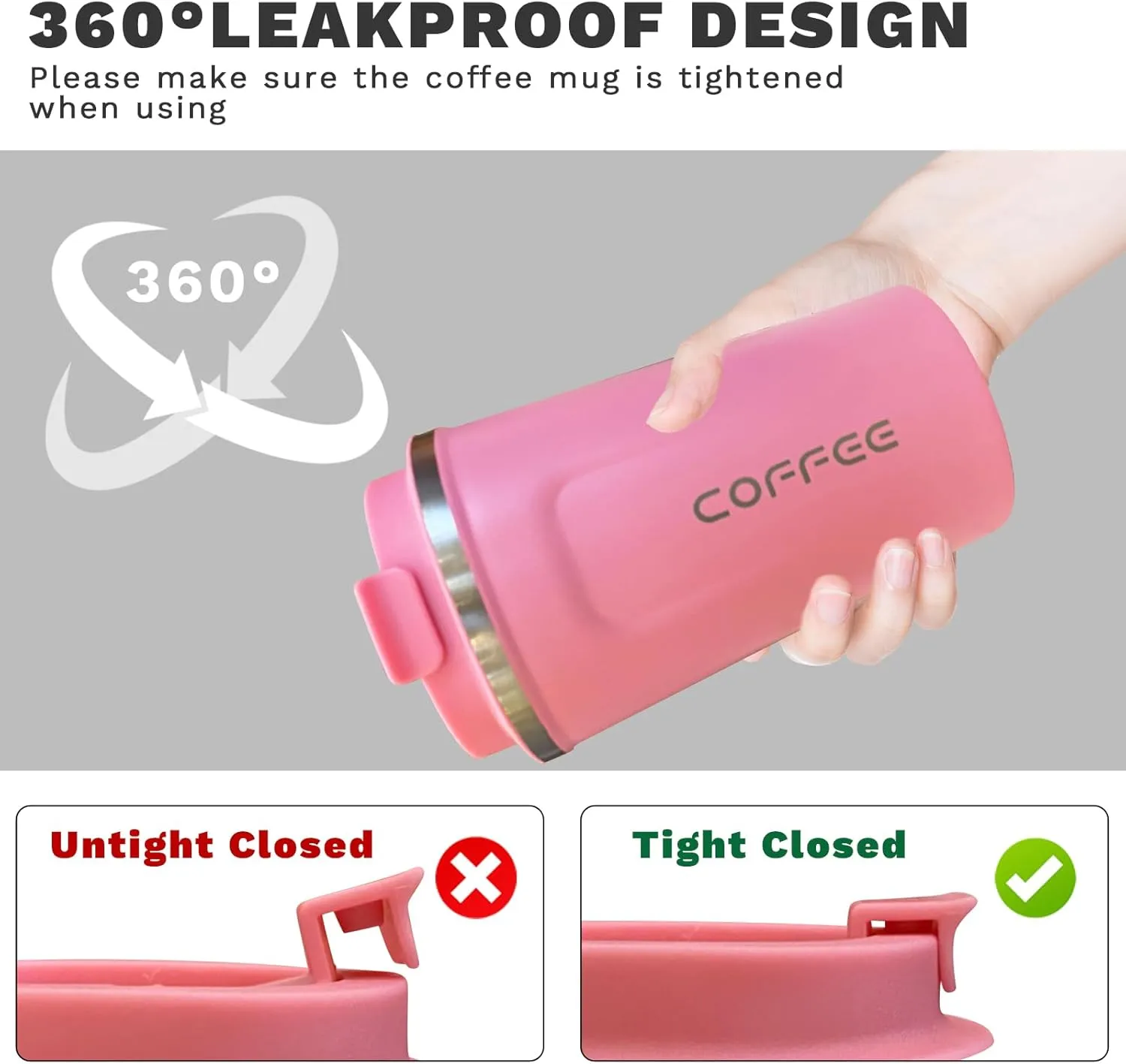 YINBAOGE Insulated Travel Coffee Mug Spill Proof Leak Proof Pobtable To Go Camping Stainless Steel Coffee Tumbler Reusable Coffee Cups with Lids Thermos for Hot and Cold Drink (2nd-Pink, 12 OZ)